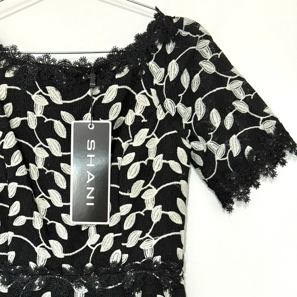 Shani NWT Black/White Two Tone Lace Bateau Neck Ruffle Hem Dress - Picture 3 of 10